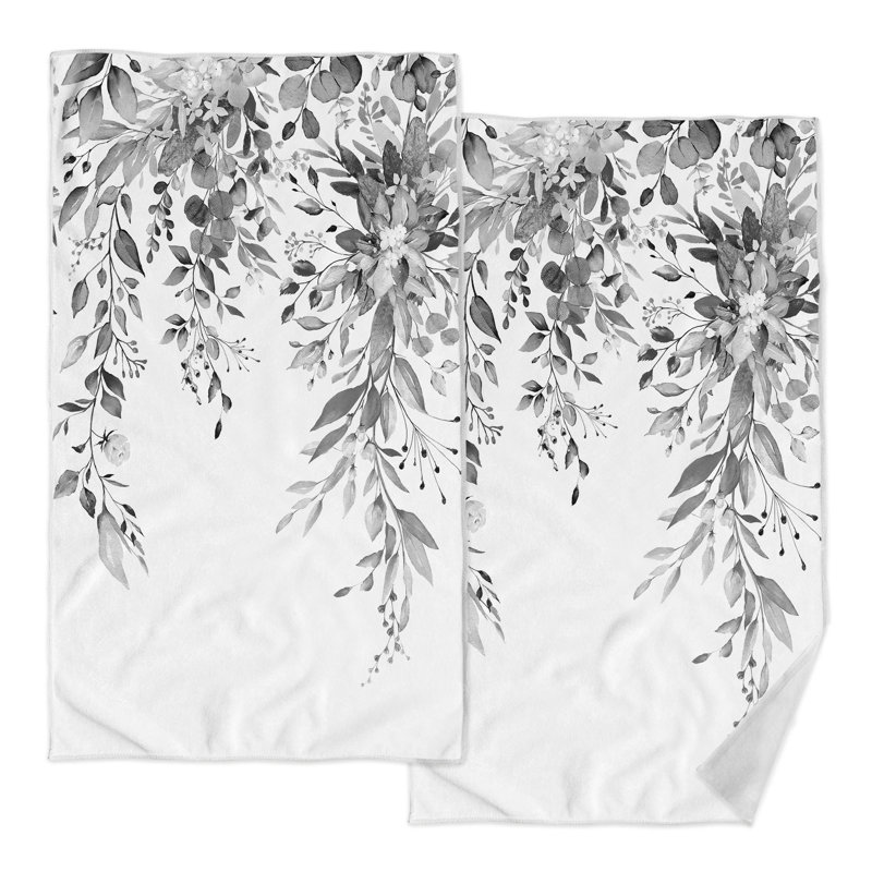 2 Pack Bathroom Hand Towels Decorative Plant Leaves Dish Kitchen Towels, White/Gray Floral