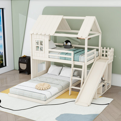 Lit superposé simple au-dessus d'une chambre double avec glissoire, échelle, garde-robe et tablettes de rangement Enchanted