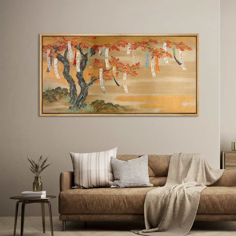Érable japonais avec des papiers de prières suspendus, décoration murale nature orientale, H 30 po x l 60 po x P 1,5 po