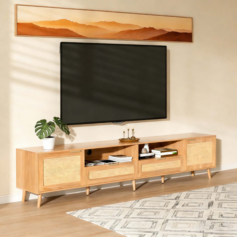 Meuble télé en rotin pour téléviseur de 90 po ou moins, console multimédia de style campagne moderne avec rangement spacieux et pieds en bois massif