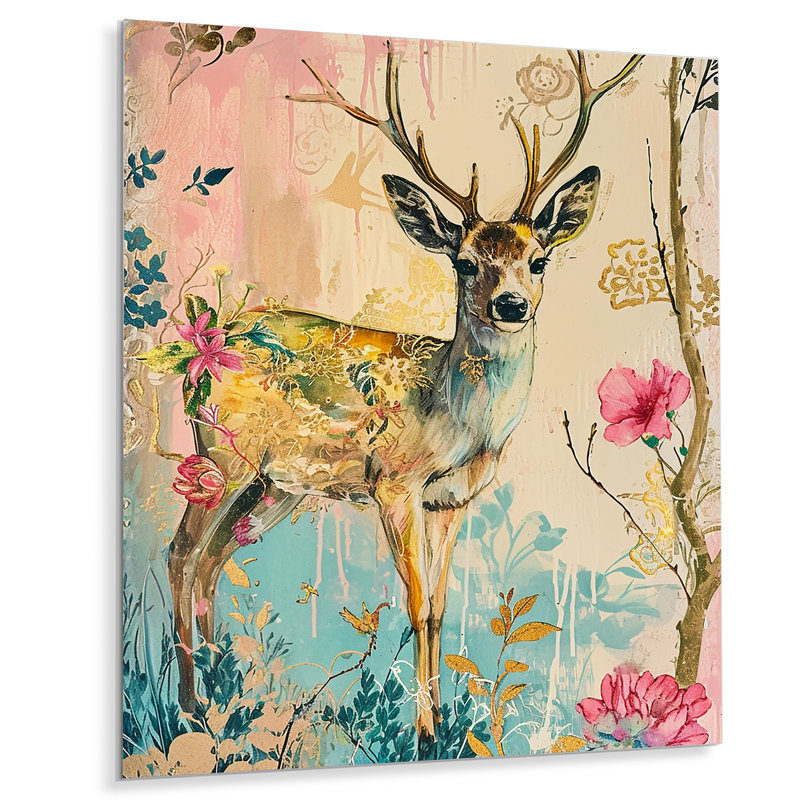 Fleur de cerf boho rétro - art mural animal cerf, Métal métal, H 20 po x l 12 po x P 1 po