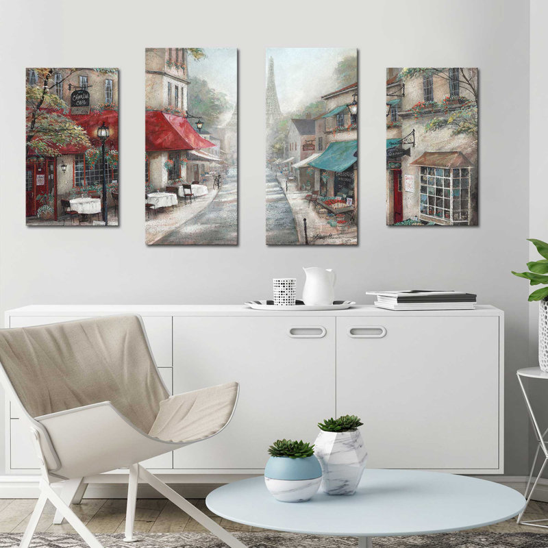 "Eiffel View From Charlie's Cafe" par Ruane Manning, ensemble de 4 reproductions sur toiles, H 30 po x l 56 po x P 1 po