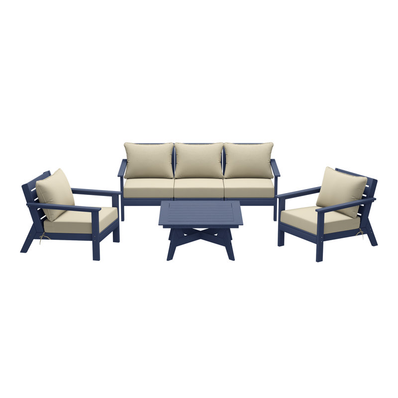 6-Piece Deep Seating Set, Beige, Navy Blue
