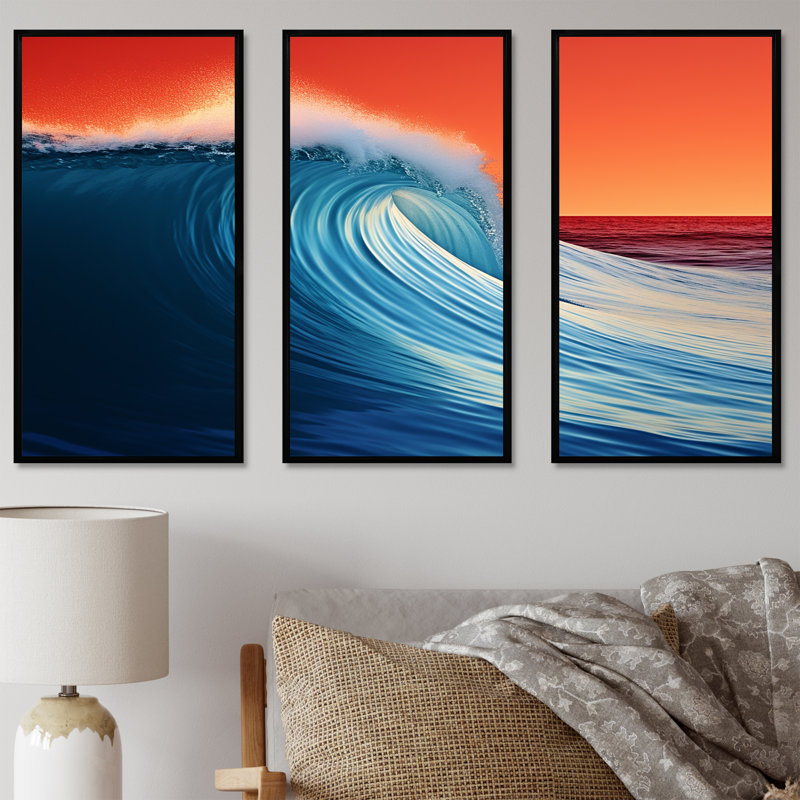 Minimalisme bleu et orange vague lever de soleil - ensemble de décoration murale bord de mer, Cadre flottant noir