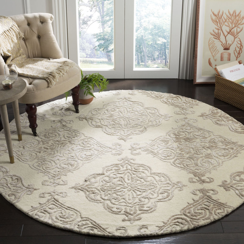 Tapis ivoire en laine touffeté à la main Bernon, Rond 6 pi