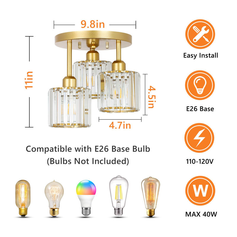 Crystal Semi Flush Mount Ceiling Light, Gold