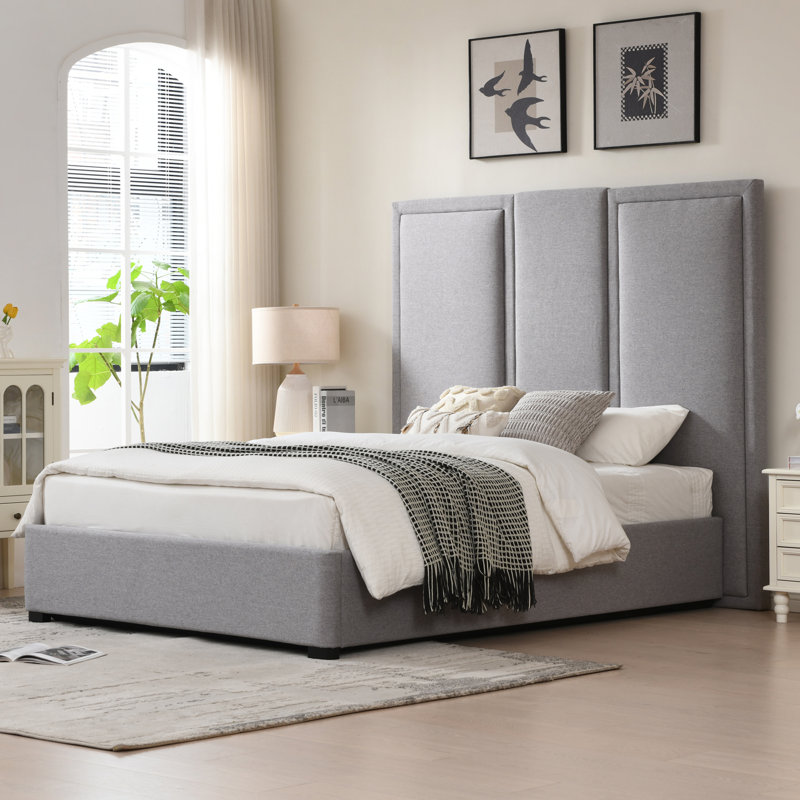 Upholstered Storage Bed With Oversized Headboard, Gray, Queen