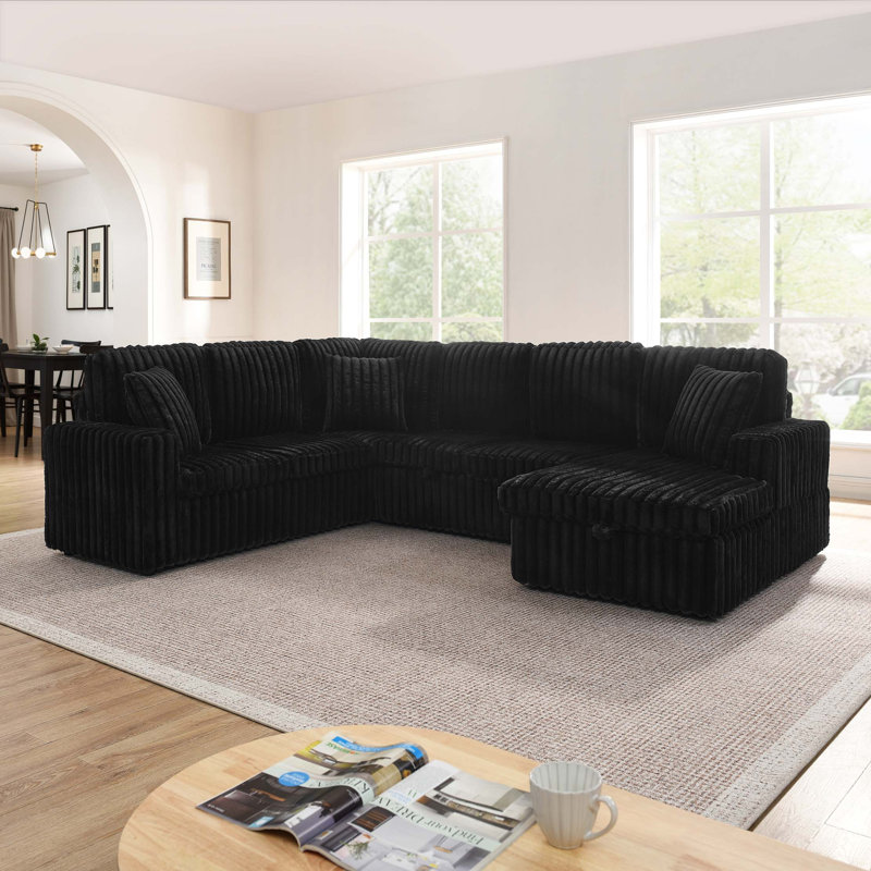 Canapé rembourré en velours Corduroy, canapé combiné en forme de U moderne et minimaliste, lit escamotable et méridienne de rangement, canapé moelleux (l'assemblage est requis)