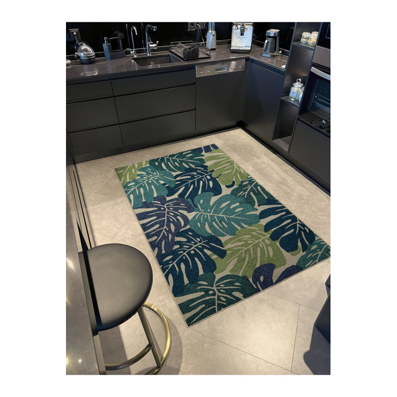 Tapis bleu-vert à motif floral et feuille, Sous-tapis rectangulaire de 3 pi 3 po x 4 pi 11 po