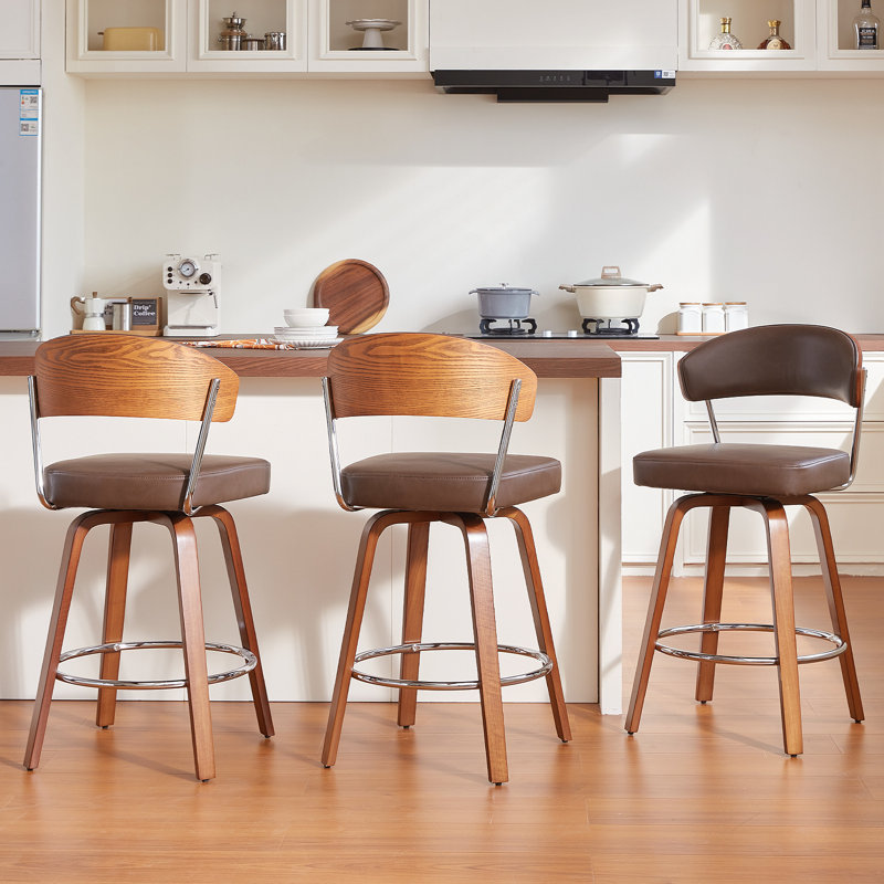 Ensemble de tabourets de bar pivotants de 3 po, tabourets de bar de 26 po à hauteur de comptoir avec dossier et pieds en bois, tabourets de bar modernes en similicuir pour comptoir de cuisine