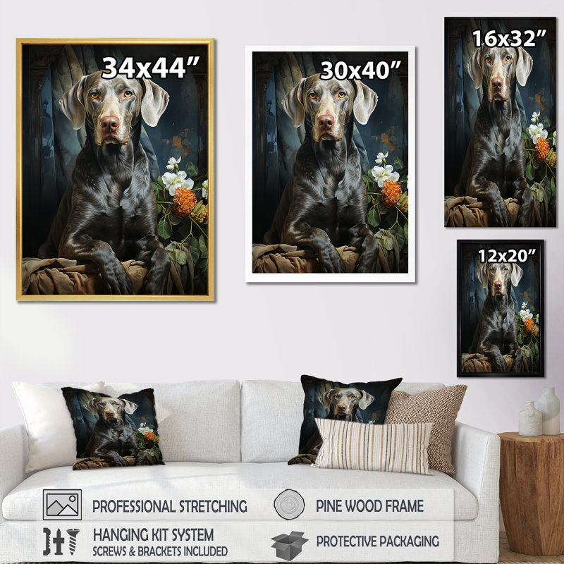«Dog Weimaraner Majestic Portrait II», reproduction sur toile, Cadre flottant blanc, H 20 po x l 12 po x P 1 po
