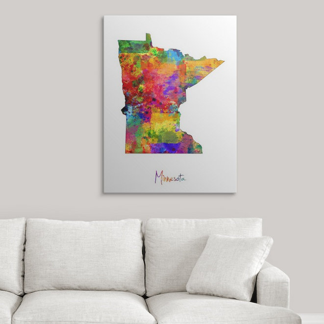 Francy «Minnesota Map» par Abarca, impression, H 48 po x l 36 po x 1,5 po, Toile