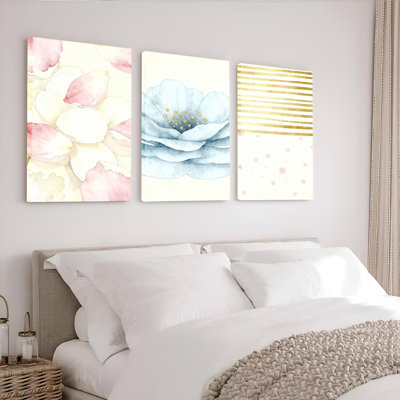 Aquarelle, ensemble de 3 reproductions d'art sur toile tendue à rayures dorées et dorées