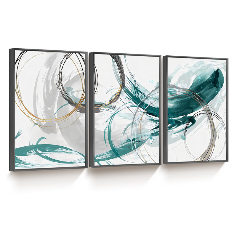 Abstrait - Peinture sur toile 3 pièces, Cadre noir, H 16 po x l 36 po