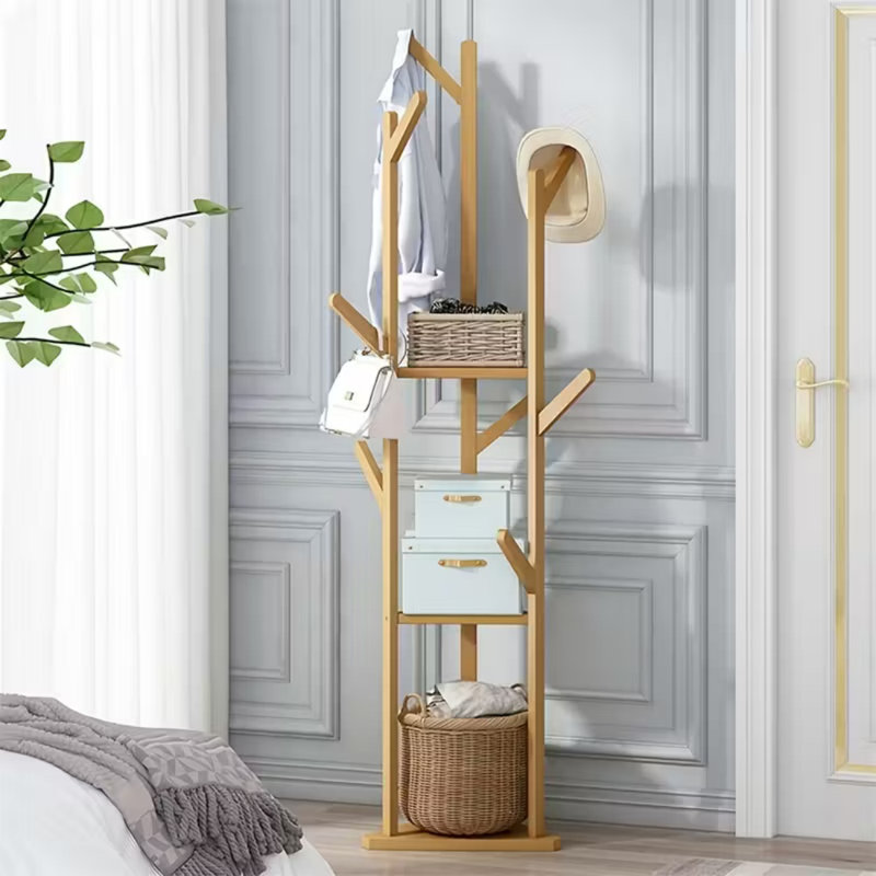 9 Hooks Bamboo Freestanding Coat Rack - Rotary Tree Stand With 3 Storage Shelves, Easy Assembly For Entryway - Natural Wood Color