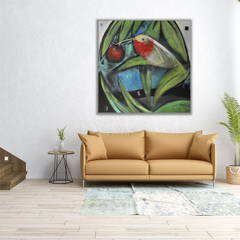 Humming Bird And Cherry - reproduction d'art sur toile, H 12 po x l 12 po