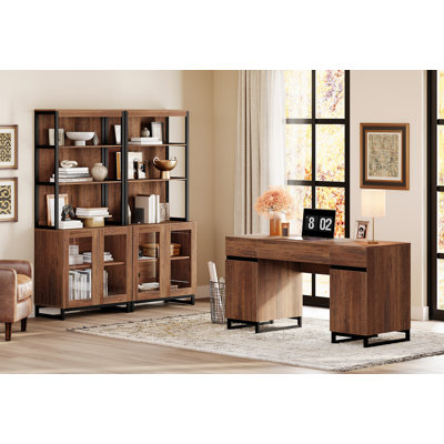  Ensemble de mobilier de bureau personnel: bureau de direction de 59 po avec station de charge et armoire de rangement, bibliothèque haute de 72 po, bureau d'ordinateur moderne et tablette de bibliothèque