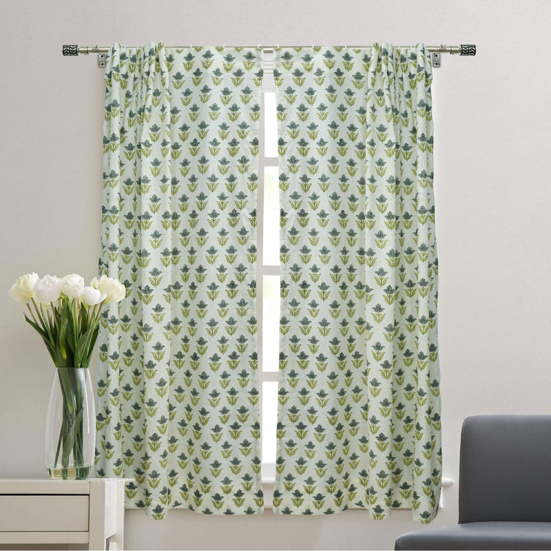 Rideau en lin gris et vert imprimé à la main avec motif de tulipes élégantes pour le salon et la chambre à coucher