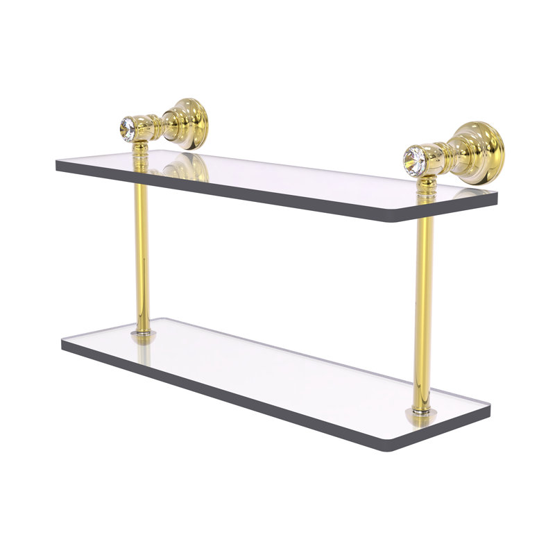 Freyja 2 Piece Glass Tiered Shelf with Towel Bar, 5.6" H x 16" W x 9.2" D, Unlacquered Brass