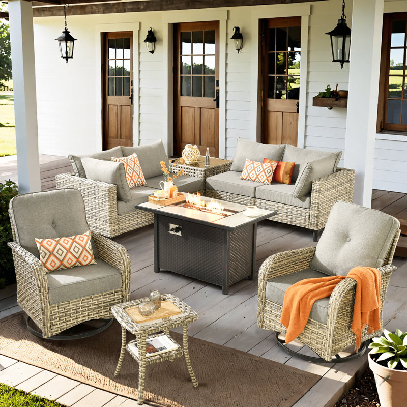 9- Piece Outdoor Patio Furniture Set with Fire Pit Table, All - Weather Wicker Swivel Chairs & Love Seats, Thick Padded Cushions for Garden, Backyard & Porch