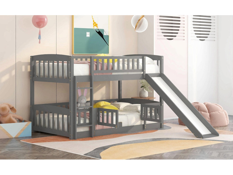Lit superposé avec glissade, lit simple superposé simple avec clôture et échelle pour enfants adolescents, Twin, Gris