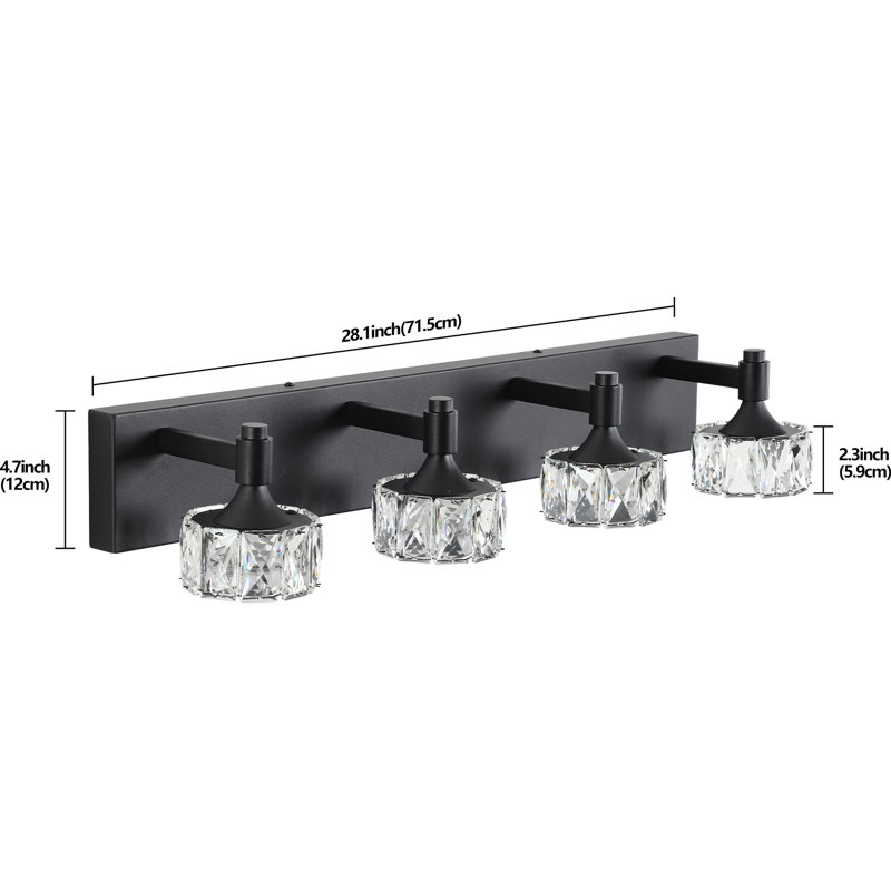 4- Matte Black Led Bathroom With Crystal Glass Lampshade For Home Decor Vanity, 4.74" H x 7.99" W x 28.13" D, 4