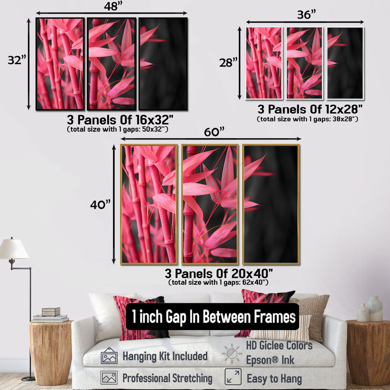 Ensemble de salon art mural bambou rose et noir, Cadre flottant noir, H 28 po x l 36 po