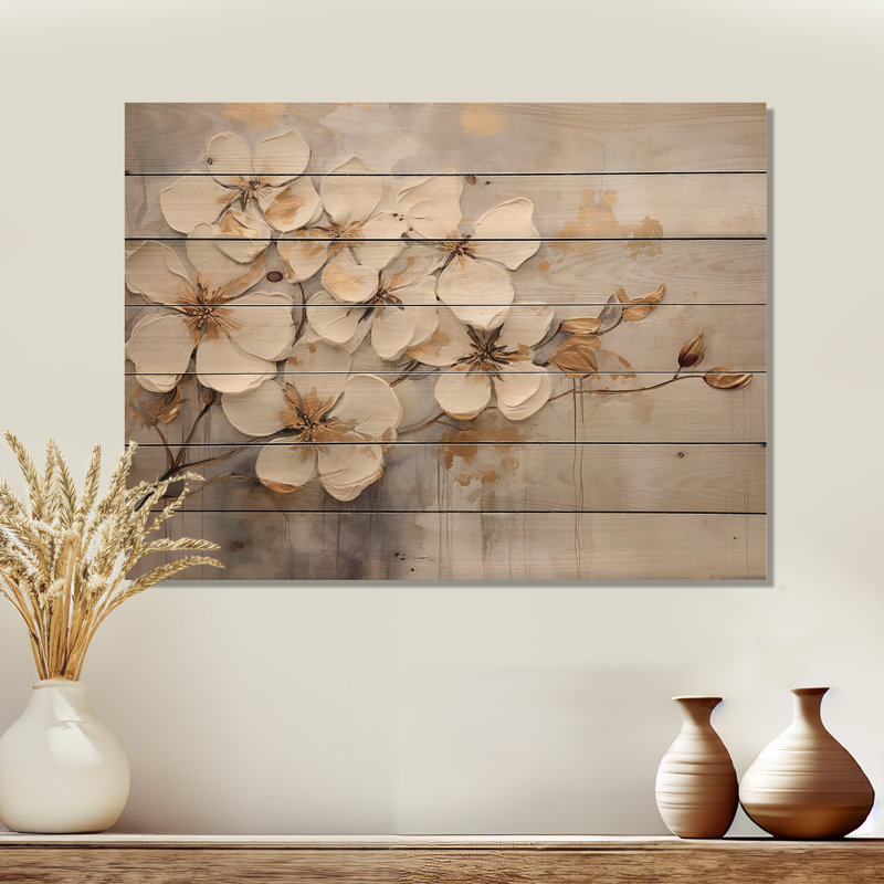 Minimalisme beige et doré - Violettes - panneau de bois sur bois de pin naturel, H 30 po x l 40 po