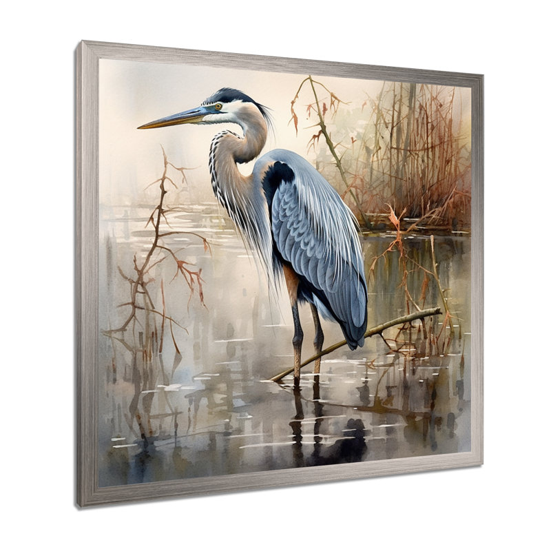 «Graceful Heron Waterbird IV - Heron», art mural, H 24 po x l 24 po, Cadre photo unique, Argent argent