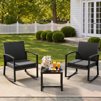  Rocking Bistro Set - Reinforced Steel Frame-3Pieces Patio Furniture Set,Outdoor Rattan Conversation Set with Tempered Glass Table,All-Weather Wicker Chairs for Garden Yard Balcony Medium Gray