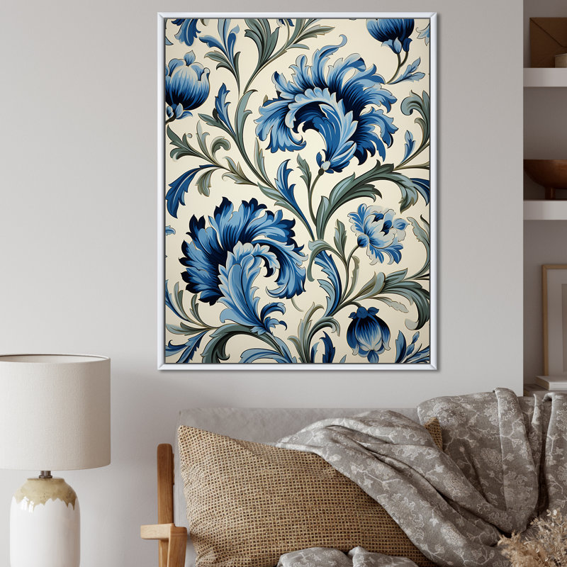 Floral Blue Turkish Tiles 1 - Art mural floral abstrait, Cadre flottant blanc, H 32 po x l 16 po x P 1 po