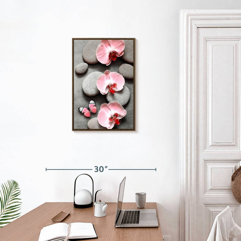 Zen orchidées roses et papillons, 17" x 25", Floating Frame Walnut