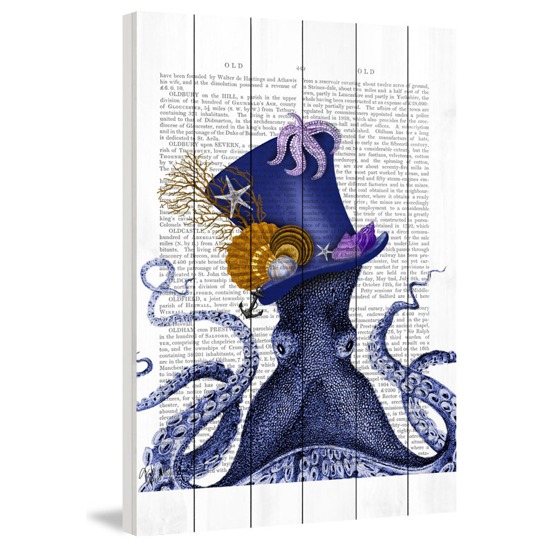 Octopus Nautical Hat - No Frame Print on Wood, 91cm H x 61cm W x 4cm D