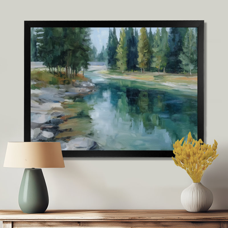 «Pine Trees Fraser River Calming Current», reproduction d'art sur toile, paysage vert, Cadre photo unique, H 12 po x l 20 po