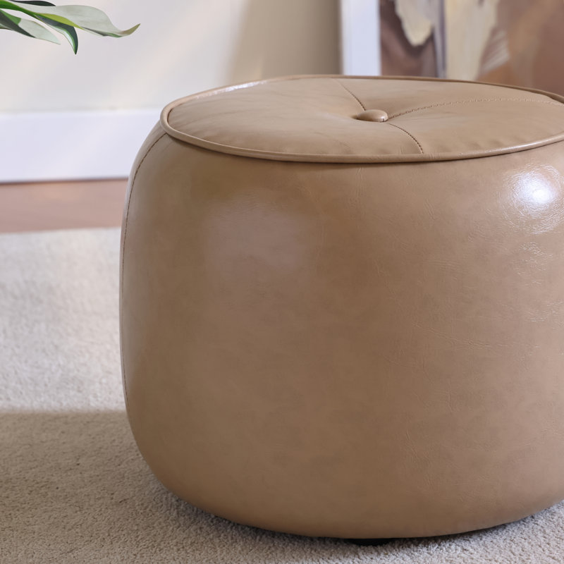 30cm Small Tufted Round Upholstered Ottoman, Khaki