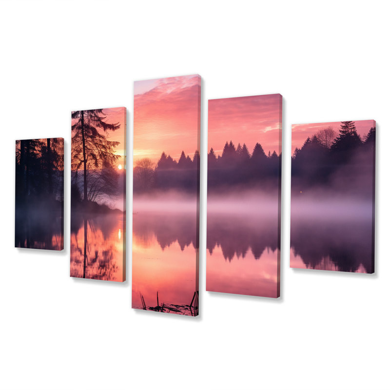«Pastel Sunrise Misty Mountain Lake II», reproduction d'art murale - 5 panneaux