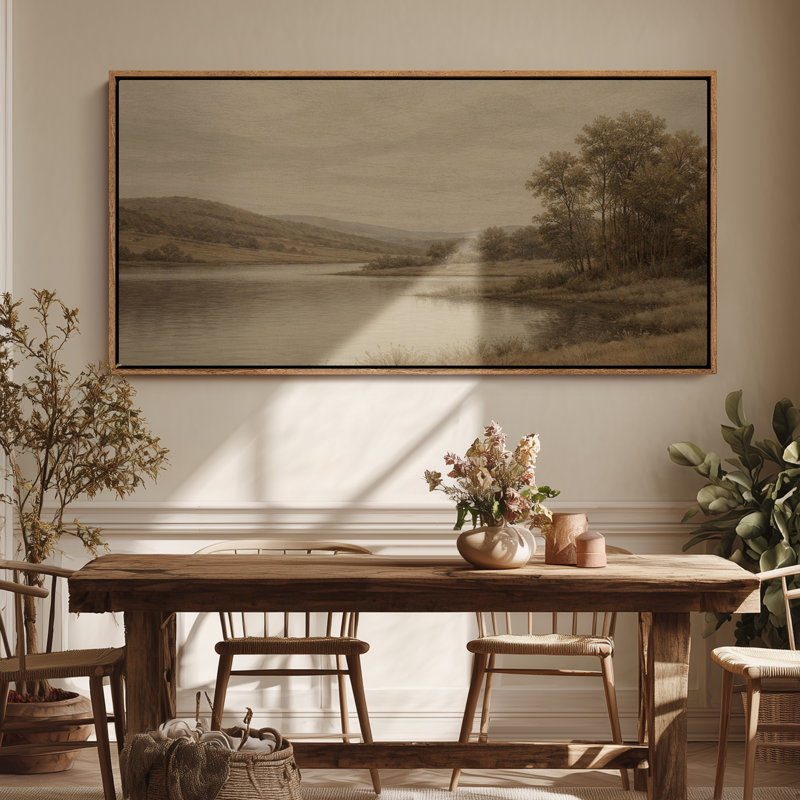 Framed Canvas Wall Art - Tranquil River Landscape with Trees and Rolling Hills in Warm Neutrals - 16"x24", 24"x36", Natural