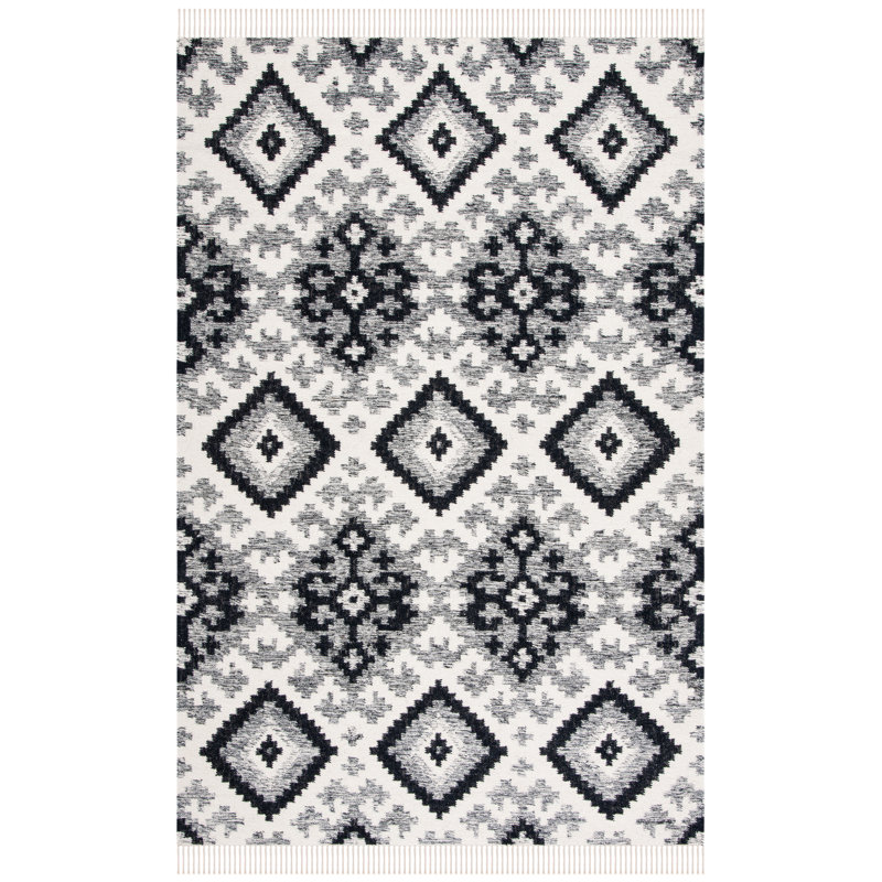 Kilim Hand Loomed Wool/Cotton Southwestern Rug in Black/Ivory, Rectangle 5' x 8'
