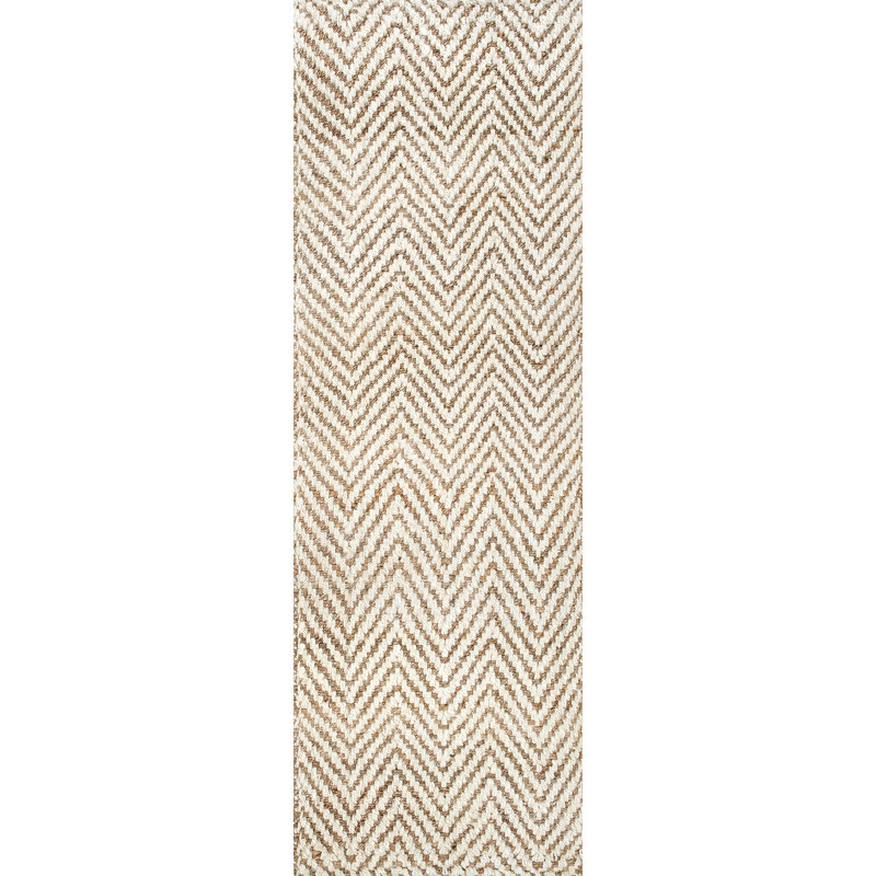 Tapis blanc cassé en jute tissé à la main à plat avec motif de chevrons Jaunius, Tapis de couloir 2 pi 6 po x 8 pi