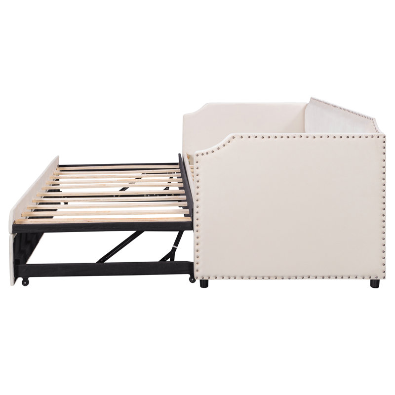 Lit de jour simple en velours rembourré avec couchette escamotable, beige, Beige