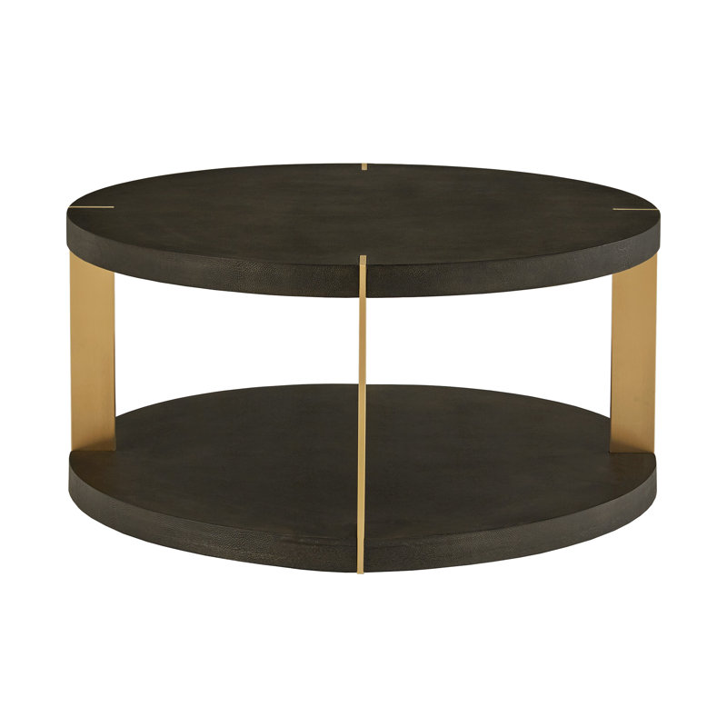 Sula Gold Finish Metal Dark Brown Faux Shagreen Round Table - Dark Brown, Coffee Table