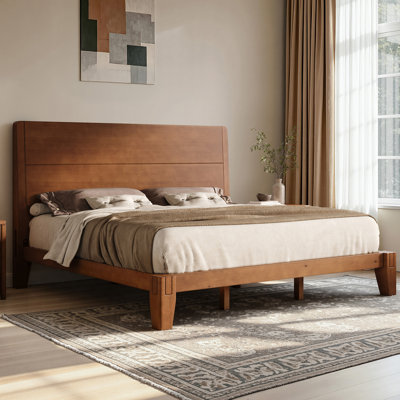 Solid Wood King Platform Bed with Japanese Joinery & Panel Headboard, Yellow Brown