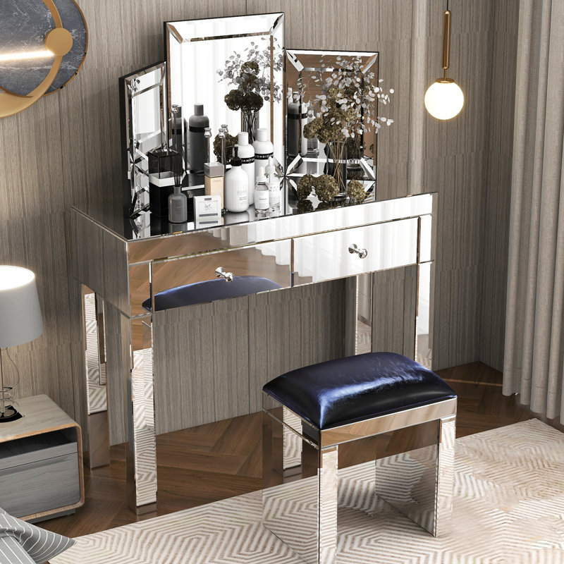 Bureau lustré avec 2 tiroirs et miroir pour chambre à coucher - Fonctionnel, moderne et de qualité
