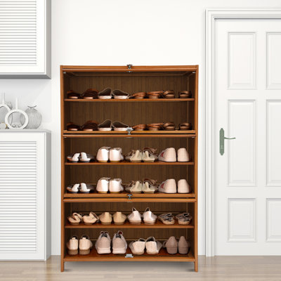 6 Tier Tall Free Standing Bamboo 24 Pair Shoe Storage Cabinet with Clear Flip Doors