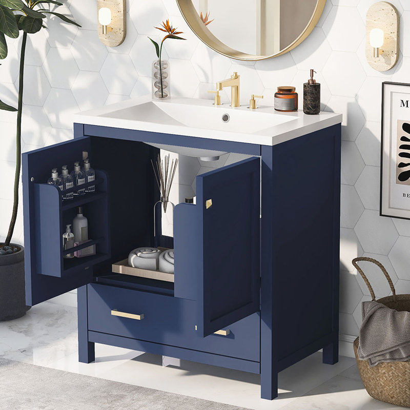 Ensemble de meuble-lavabo simple 30,01 po avec plateau en bois massif Rahish, Bleu