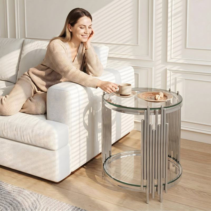 Table de bout 19,7 po à 2 niveaux en verre argenté - table d'appoint en verre trempé transparent avec pieds en acier inoxydable brossé, table d'appoint moderne et luxueuse pour le salon et le bureau