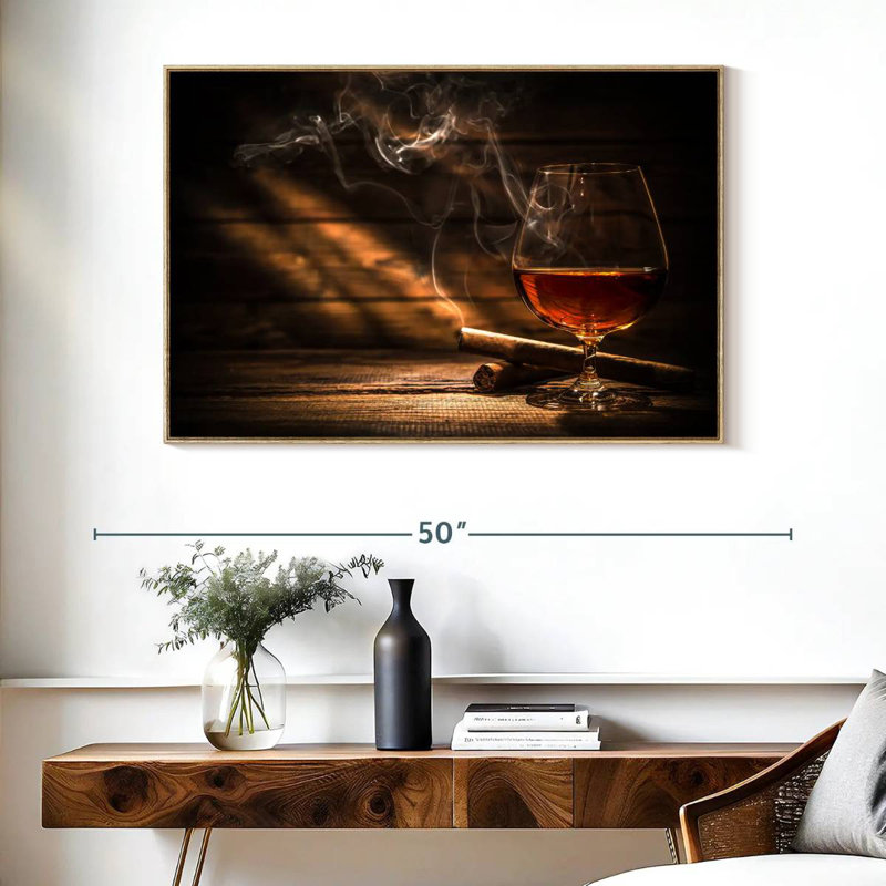 Cigare rustique et whisky, Cadre flottant en bois naturel, 40 po x 27 po