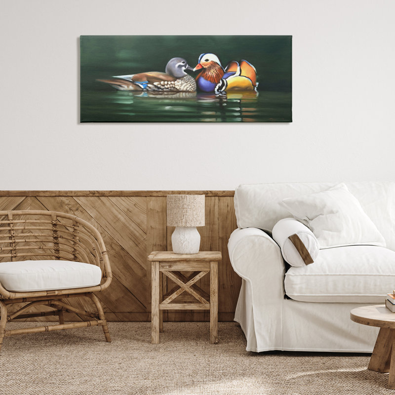 Toile à motif d'oiseaux dans un lac par D. Rust, H 13 po x l 30 po x P 1,5 po