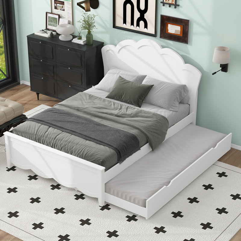 Lit plateforme double en bois avec tête de lit et lit gigogne simple, Lit double