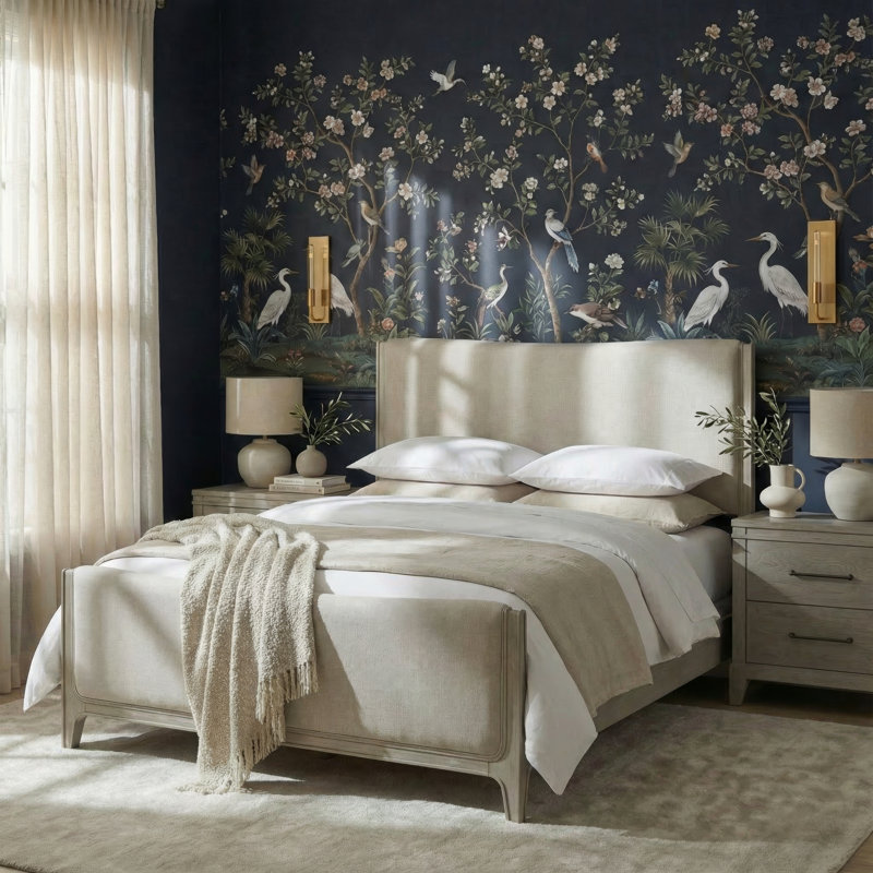 Ensemble de chambre avec grand lit tapissier et deux tables de chevet Aain, Grand